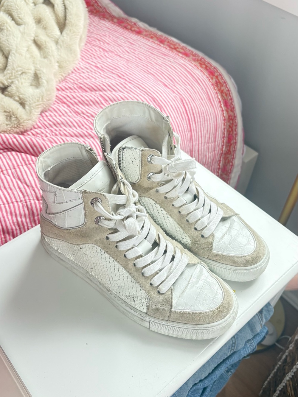 Zadig & Voltaire High-Top Sneakers in White and Beige